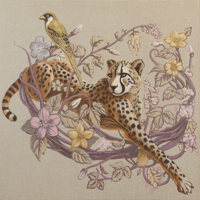 Gepard mit exotischen Vogel und Blumenranken. 