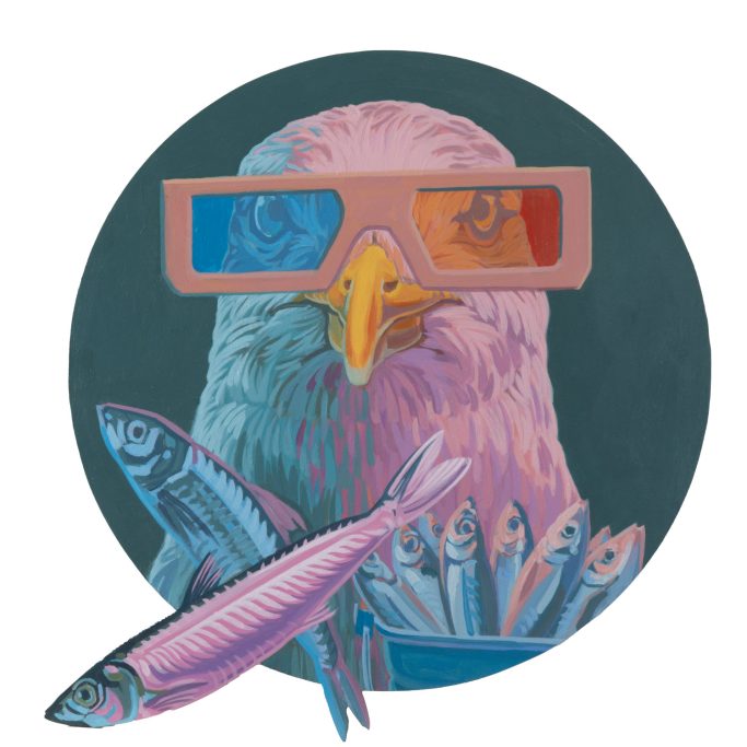 Eine Möwe mit 3D Brille und vor ihr fliegenden Heringen