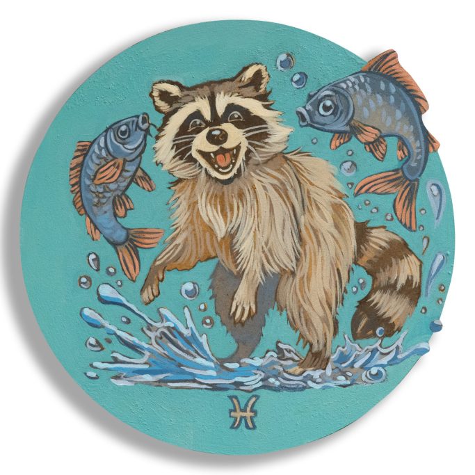 Waschbär tanzt mit zwei Fische. 