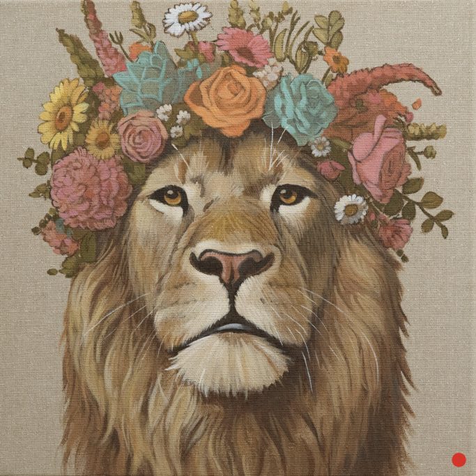 Ein Löwe mit einem Blumenkranz