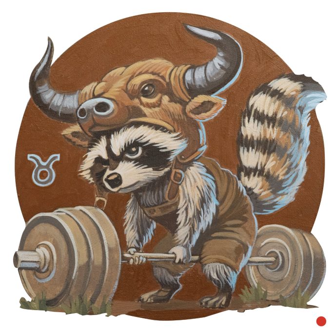 Ein Waschbär mit Stierhelm hebt Gewichte. 