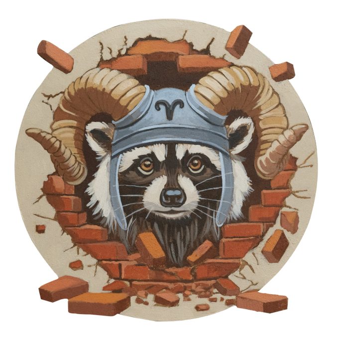 Waschbär mit Widderhelm durch die Wand. 