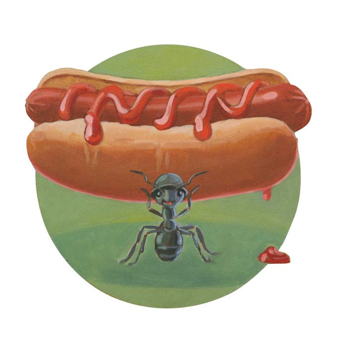 Eine Ameise mit Militärhelm trägt ein Hot Dog. 