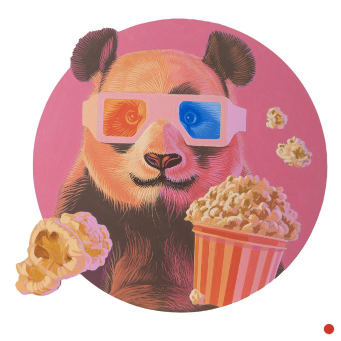 Ein Panda mit 3d Brille und Popcorn. 