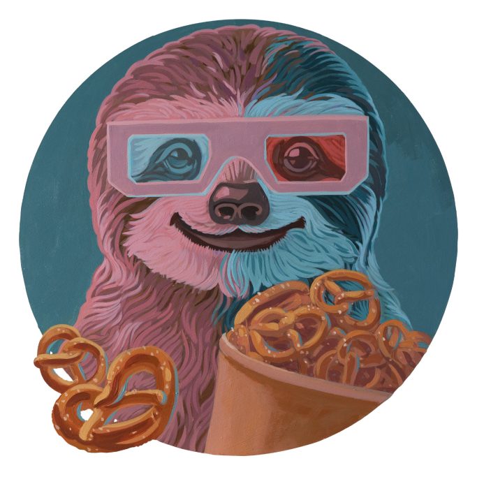 Faultier mit 3d Brille und Brezelsnack.