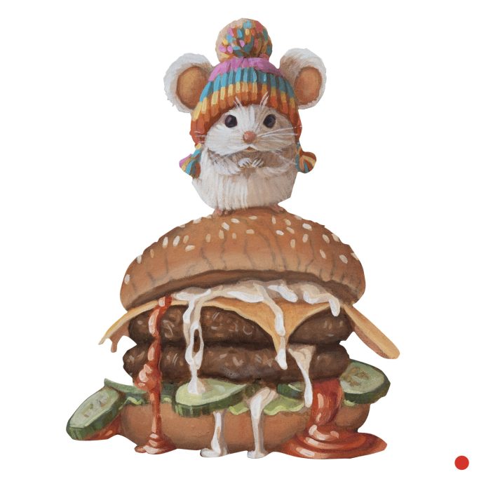 Eine Maus mit Wollmütze auf einem Burger. 