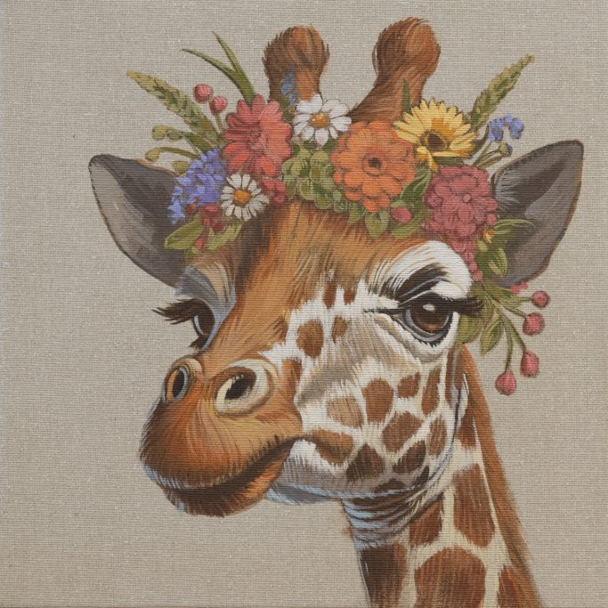 Giraffe mit Blumenkranz. 