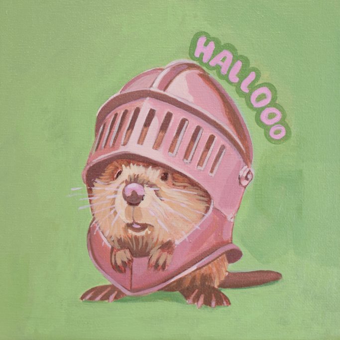 Ein Biber schaut aus einem Ritterhelm heraus. 